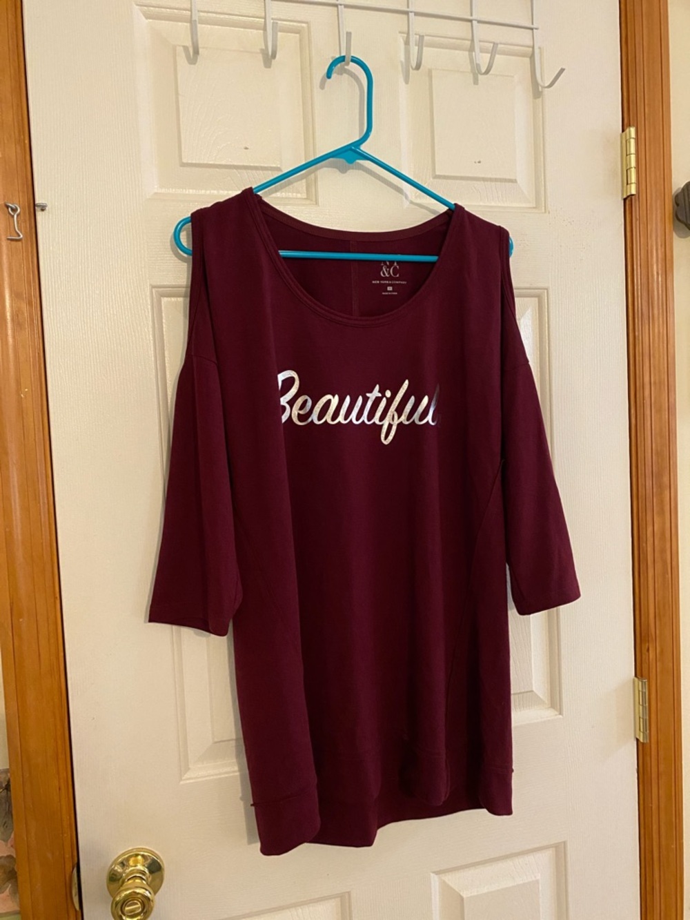 New York & Company Burgundy Cold-Shoulder 'Beautiful' Sweatshirt